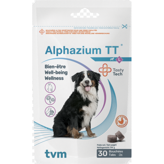 TVM Alphazium TT - L sont des compléments alimentaire sous forme de bouchées appétences pour chiens et chats utilisé lors de situations stressantes ou changement d'environnement. Utilisation : Chiens (plus de 20 kg) Situations de stress/changement d'environnement